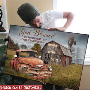 Personalized God Blessed The Broken Road Old Barn and Vintage Vehicle Canvas