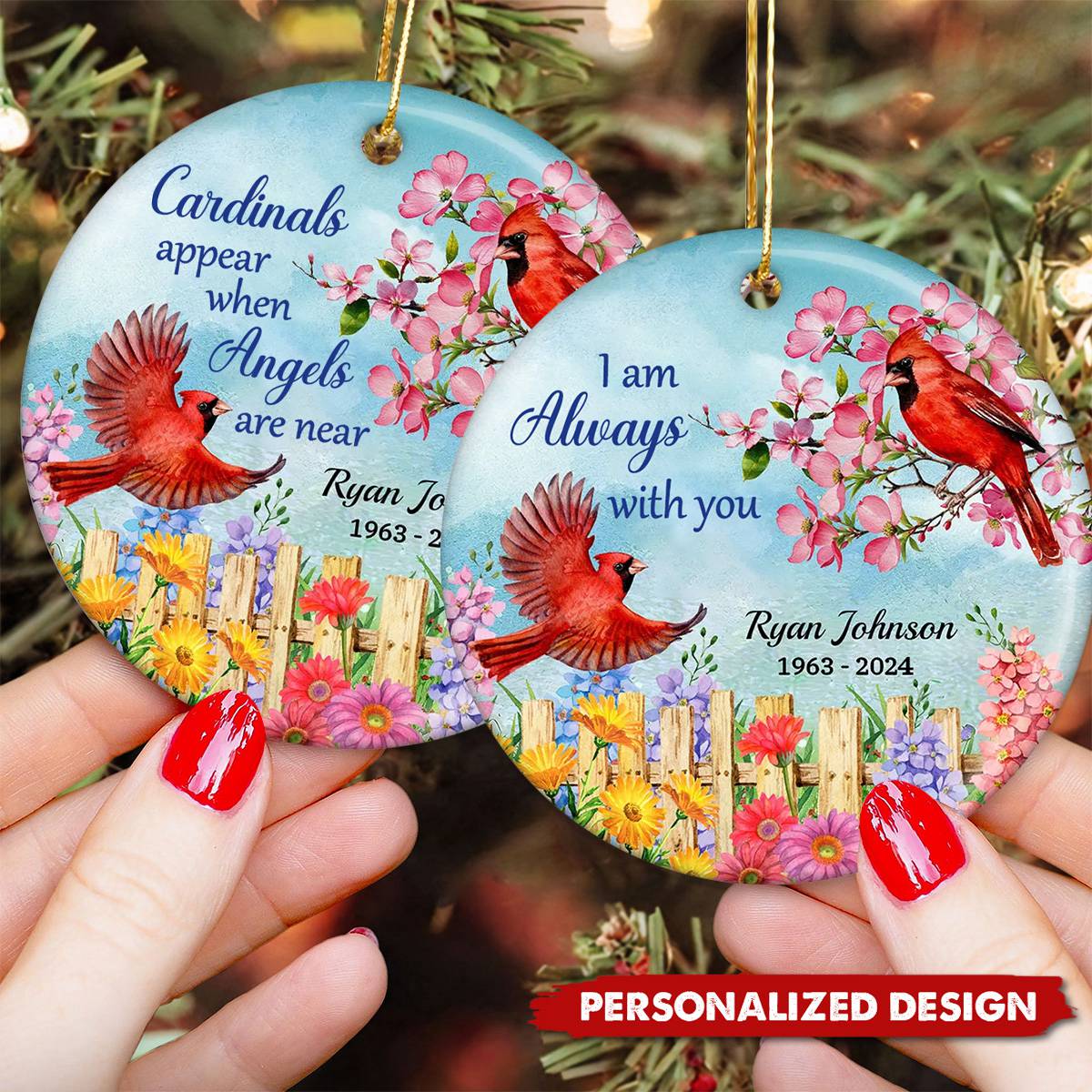 Cardinal Flowers Memorial Personalized Circle Ornament