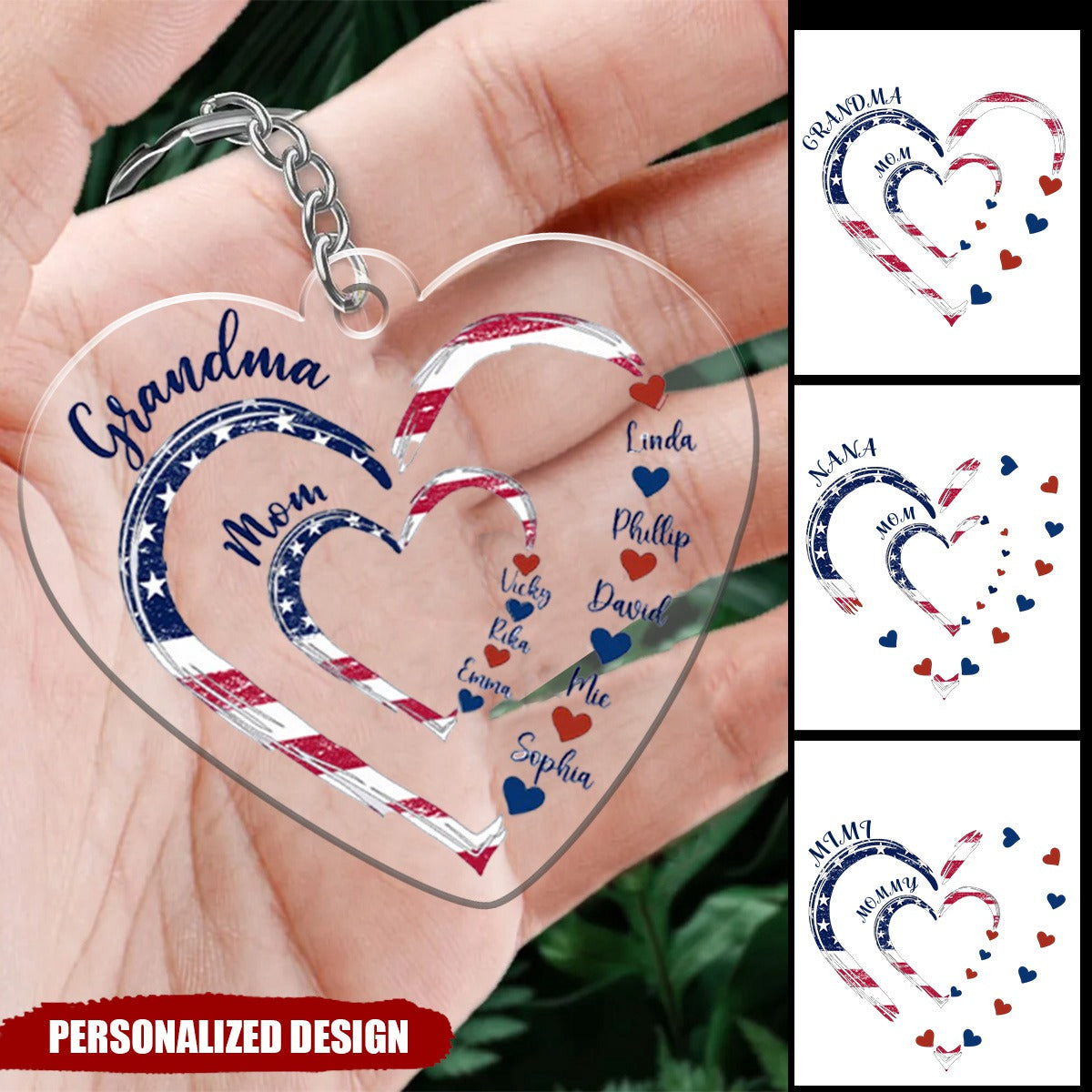 4th of July Grandma Mom Kids Heart In Heart Personalized Keychain