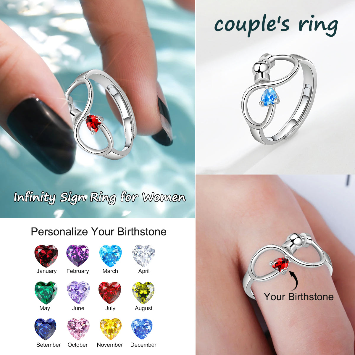 Personalized Infinity Birthstone Adjustable Ring