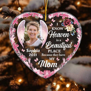 Heaven Is A Beautiful Pink Butterfly Flower Memorial Loss Of Mom Grandma Heart Personalized Ornament