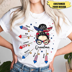 4th of July Messy Bun Grandma Mom Firework Kids Personalized Shirt