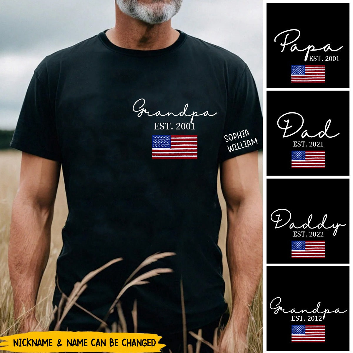 Custom Papa Est Flag Personalized T-Shirt - Gift For Dad Grandpa