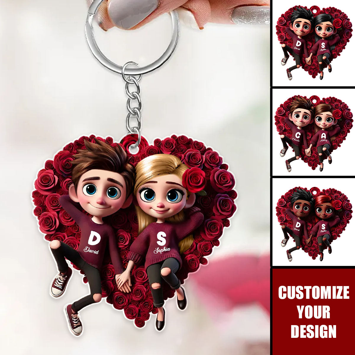 Rose Heart Couple Personalized Acrylic Keychain, Valentine's Day Gift for Couple