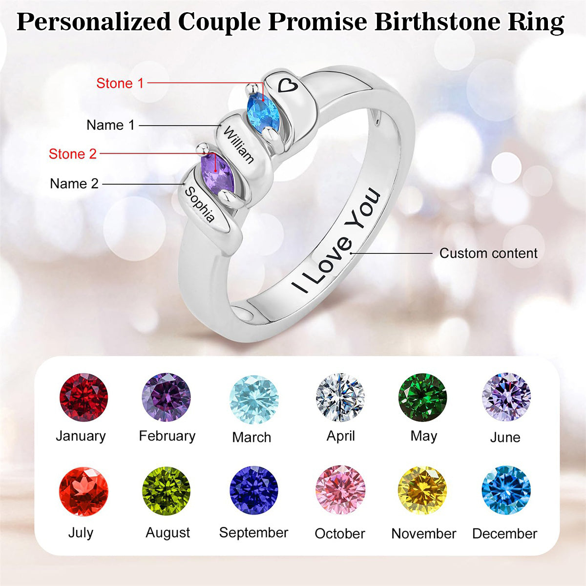 Personalized Ring with Birthstones & Names - Promise Gift For Couples