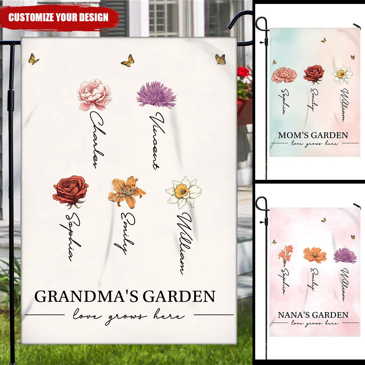 Grandma‘s Garden Love Grows Here Beautiful Birth Month Flower Gift For Grandma Mom Personalized Garden Flag
