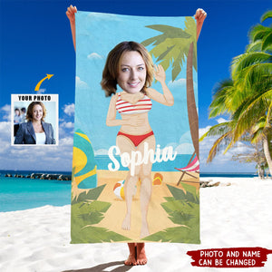 Personalized Man Woman Face Name Beach Towel, Funny Summer Beach Towel