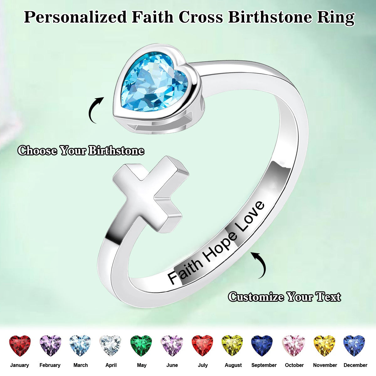 Personalized Faith Hope Love Birthstone Cross Adjustable Ring