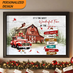 The Joy Of Christmas is Family-Personalized Farm Red Truck Name Custom Vintage Poster