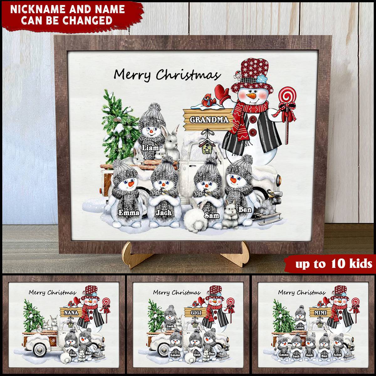 Personalized Merry Christmas Snowman Grandma Mom Kids Wood Plaque