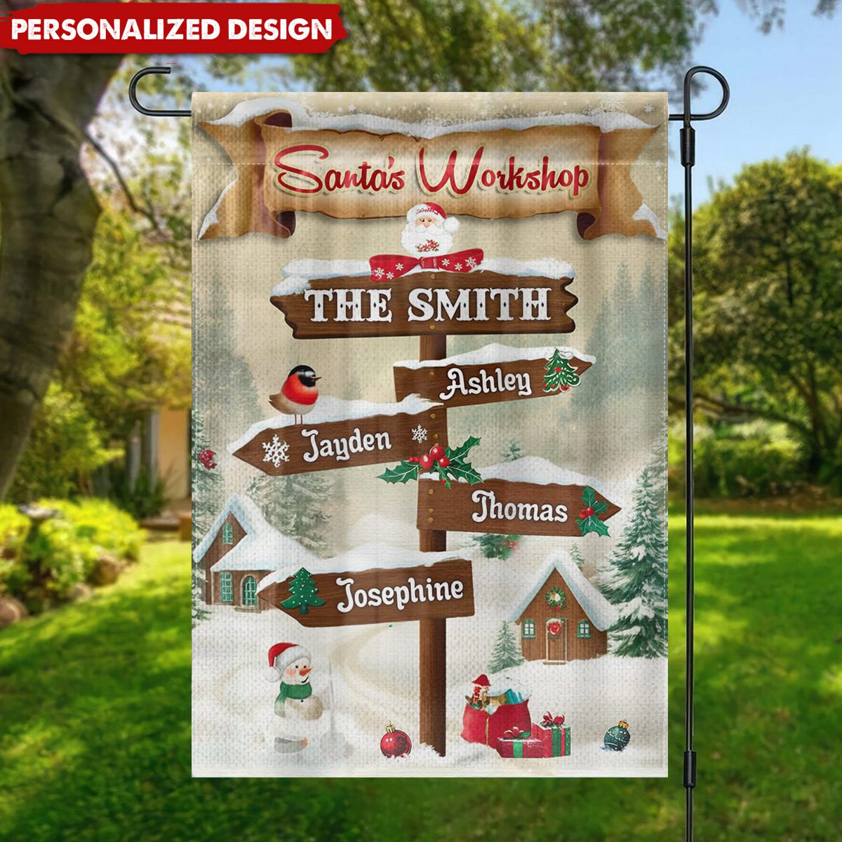 Personalized Christmas Garden Flag – Santa’s Workshop Signpost With Family Names