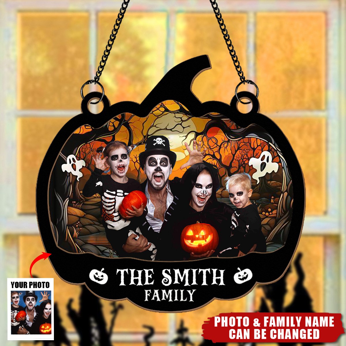 Family Halloween Decoration - Personalized Window Hanging Suncatcher Photo Ornament