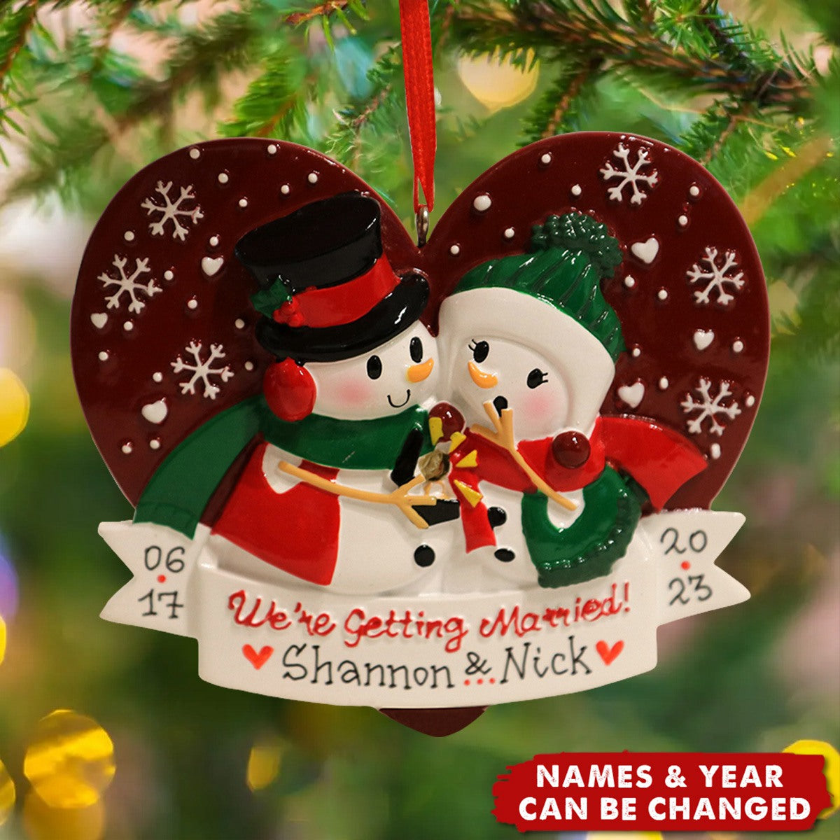 Couple Snowman Engagement Personalized Christmas Ornament