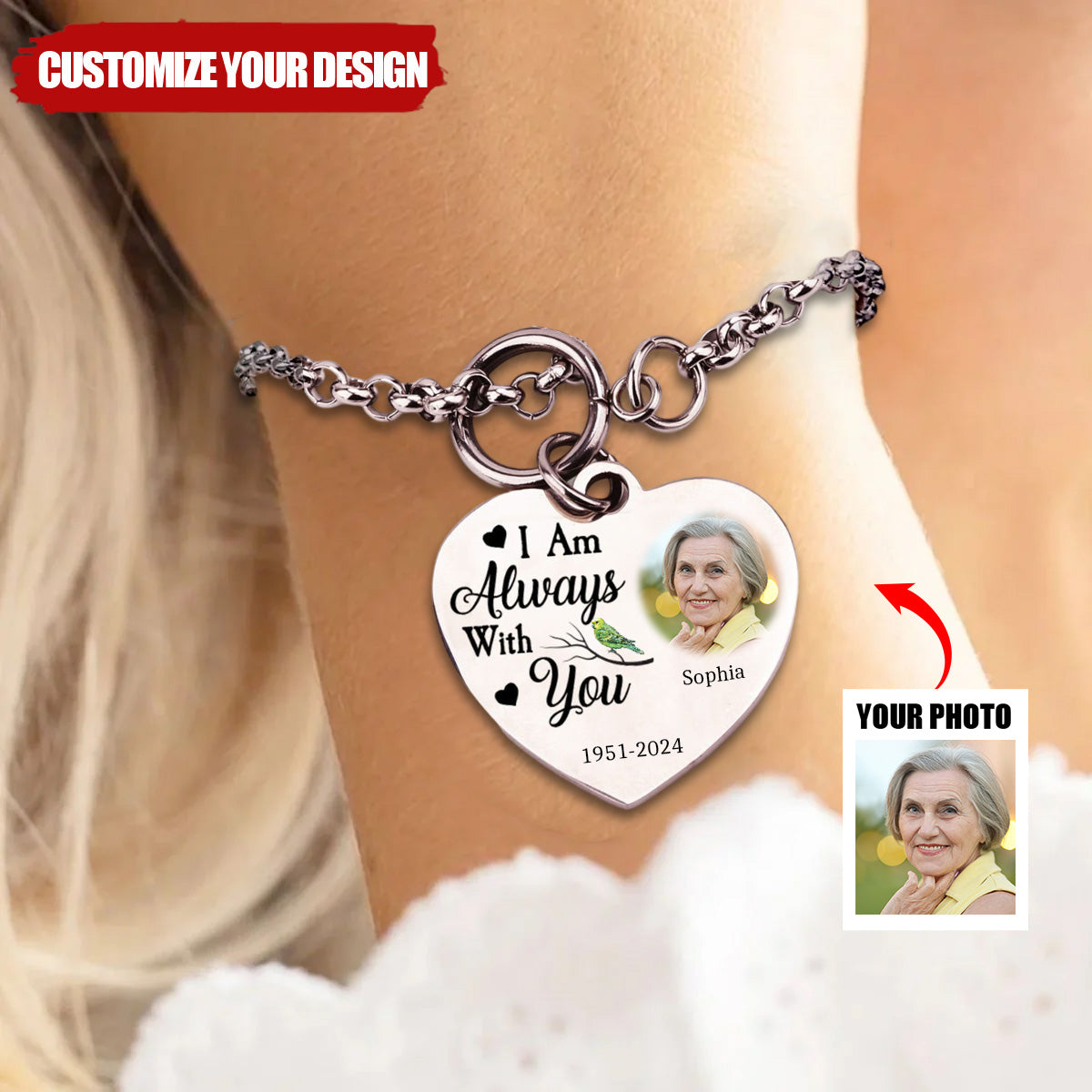 Memories - I Am Always With You - Personalized Photo Heart Bracelet
