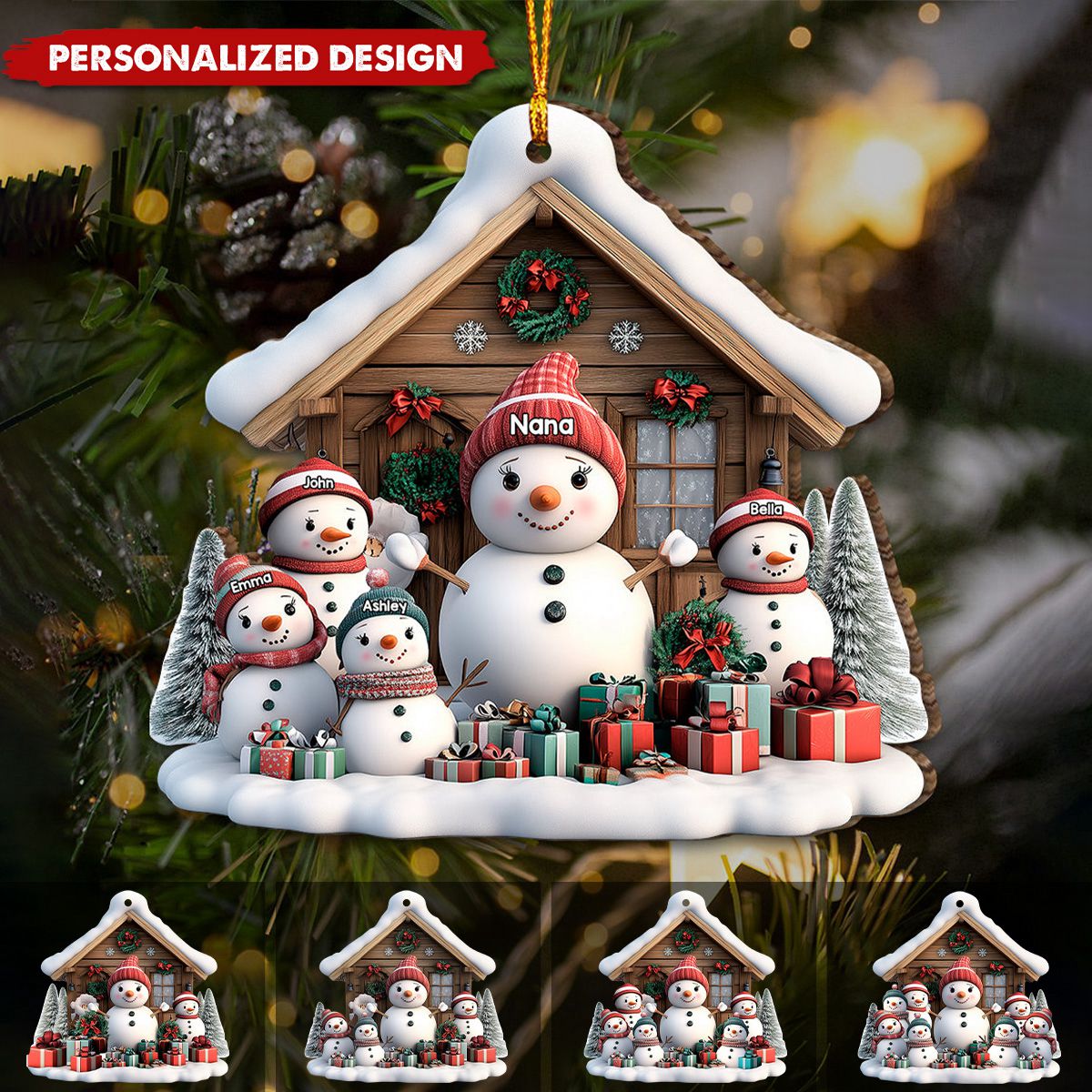 Personalized Christmas Snowman Family And Wooden House Ornament