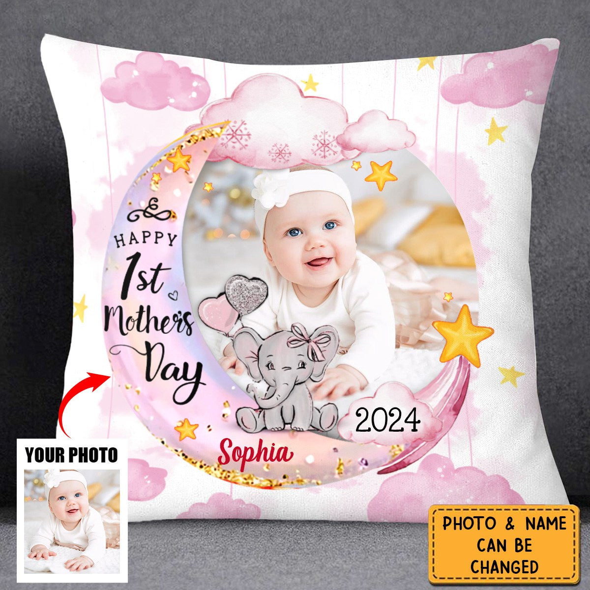 Baby's First Mother's Day Elephant Personalized Pillowcase