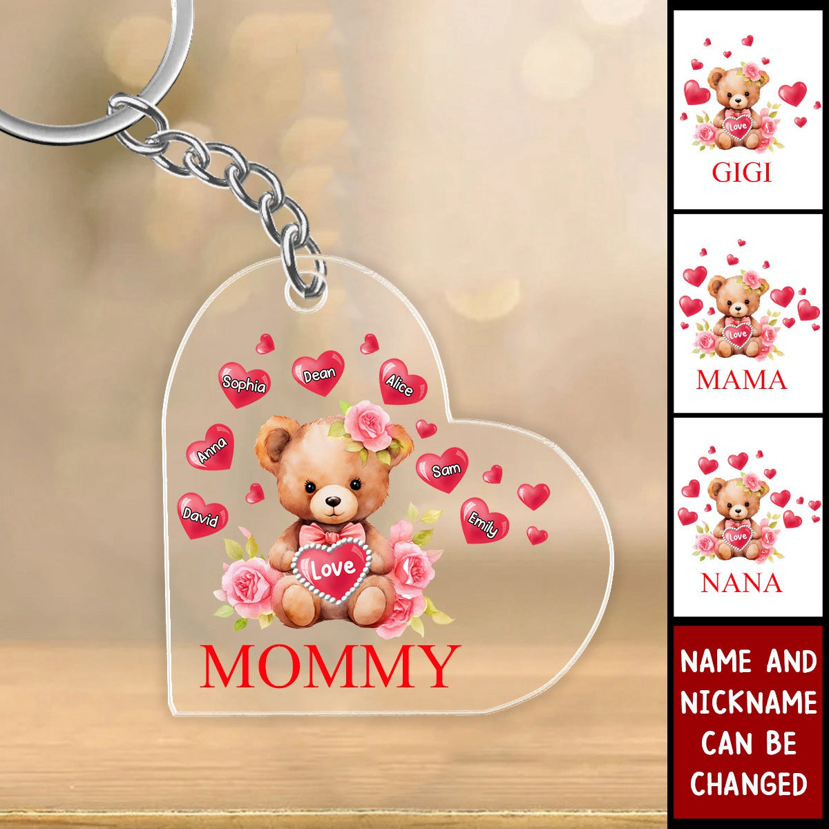 Grandma/Mom - Mama Bear With Heart Kids - Personalized Heart Acrylic Keychain