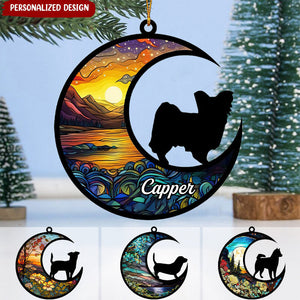 Customized Puppy Pet Dog Breeds On Moon Car Suncatcher Ornament