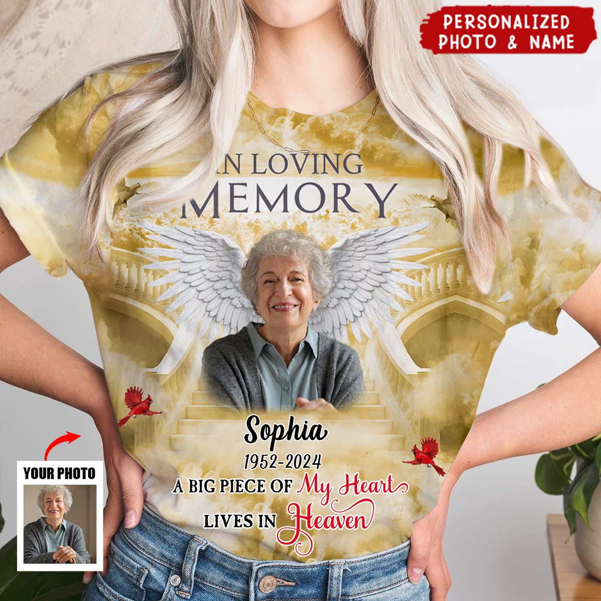 Memorial Upload Photo Wings Heaven, In Loving Memory A Big Piece Of My Heart Lives In Heaven Personalized T-shirt