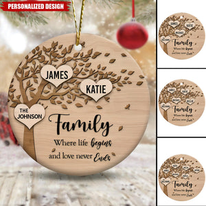 Family Where Life Begins and Never Ends Personalized  Ceramic Christmas Ornament