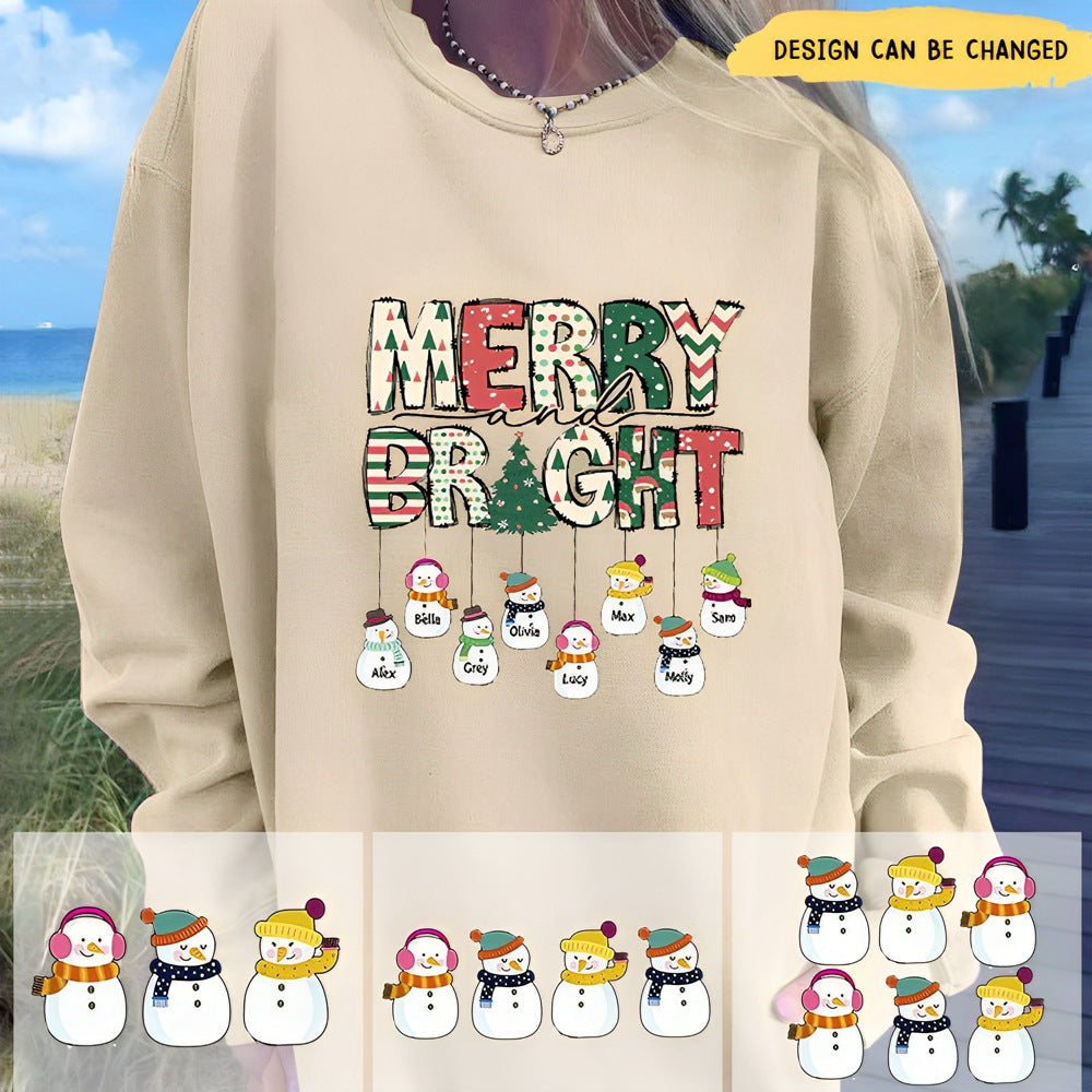 Merry And Bright Nana's Life Cute Snowman Kids Personalized 2D Sweatshirt Sleeve Custom