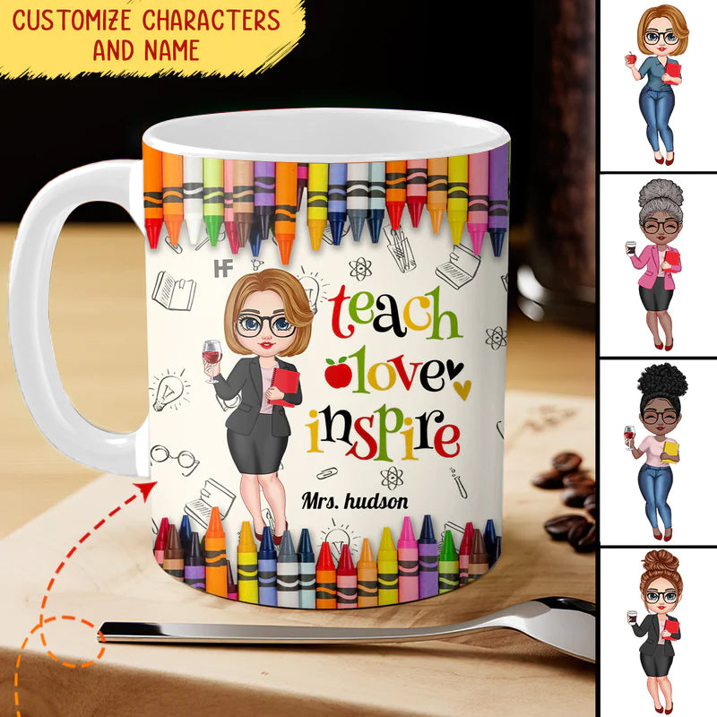 Colorful Crayon Teach Love Inspire Cute Pretty Doll Teacher Personalized Accent Mug