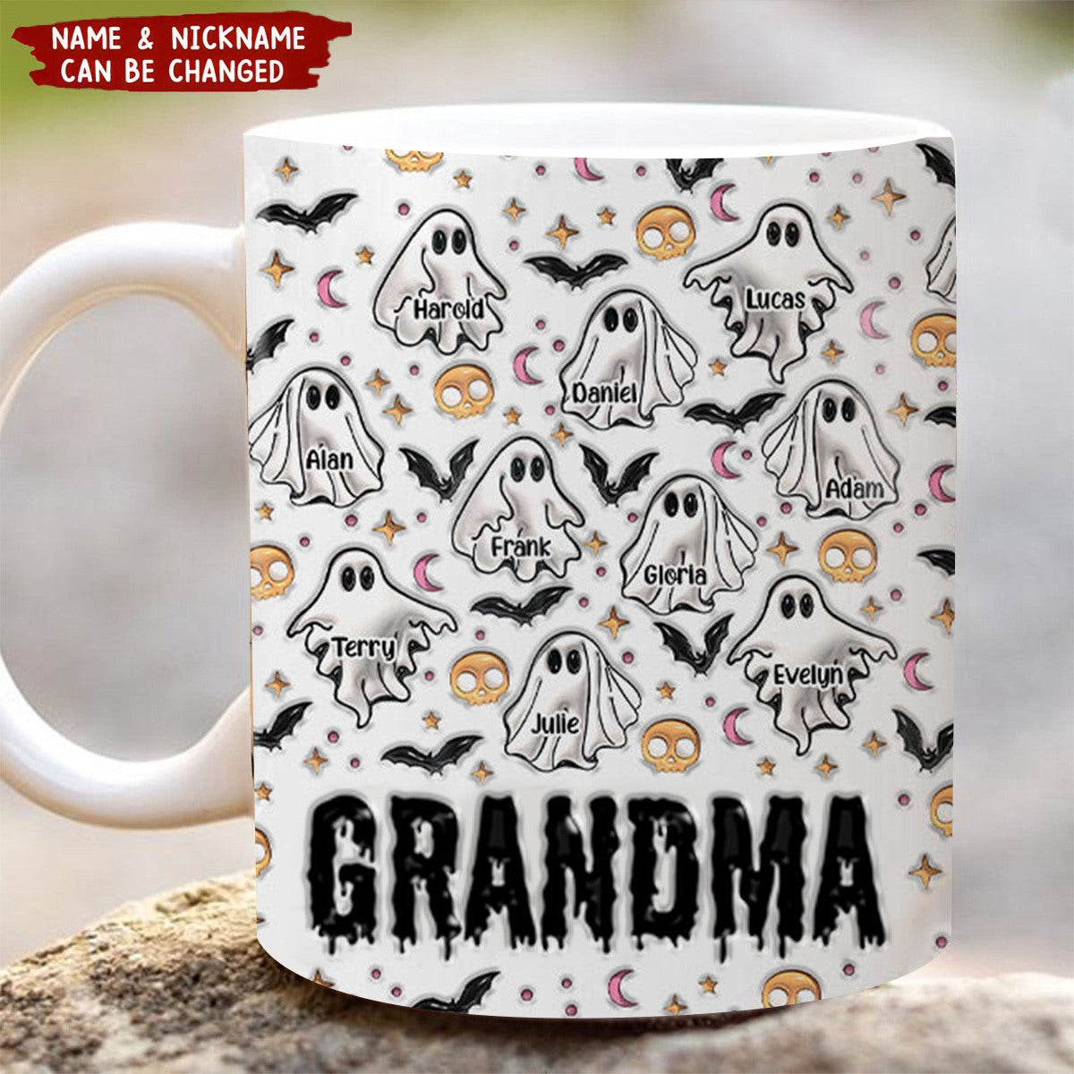 Grandma Halloween With Ghost Kid Names 3D Inflated Effect Personalized Mug