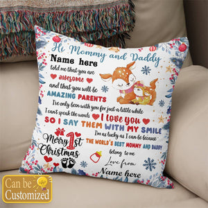 Personalized 1st Baby Christmas Gift Pillow - Mommy And Daddy Version