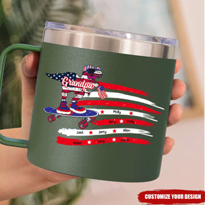 Dinosaur Grandpa USA Flag Independence Day-Personalized 14oz Stainless Steel Tumbler