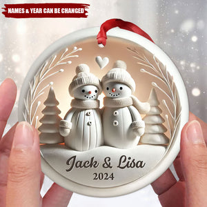 Personalized Snowman Couple White 3D Effect Ceramic Ornament