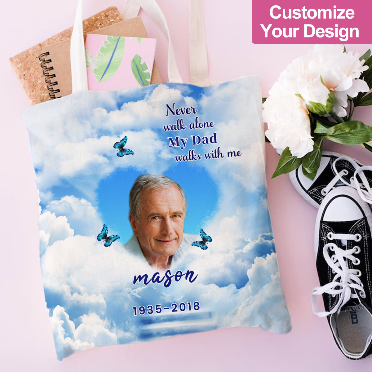 Upload Image Heaven, Never Walk Alone My Mom Dad Walks With Me Personalized Memorial Tote Bag