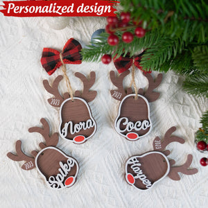 Rudolph Reindeer Custom Kids' Names Personalized 2 Layers Wooden Ornament With Bow