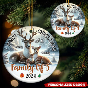 Personalized First Christmas As A Family Of Three Circle Ceramic Ornament