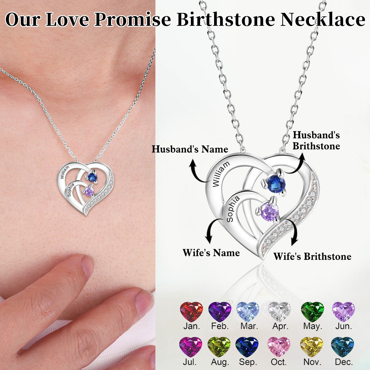 Personalized Intertwined Heart Promise Birthstone Necklace