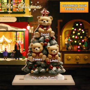 Personalized Family Christmas Tree With Cute Bear Ornaments Wooden Plaque