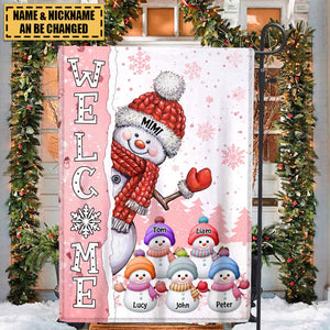 Cute Christmas Snowman Grandma Mom Welcomes Little Snowy Kids Personalized House Garden Flag