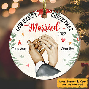 Gift For Couple Holding Hands Our First Christmas Personalized Circle Ornament