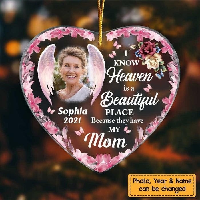 Heaven Is A Beautiful Pink Butterfly Flower Memorial Loss Of Mom Grandma Heart Personalized Ornament