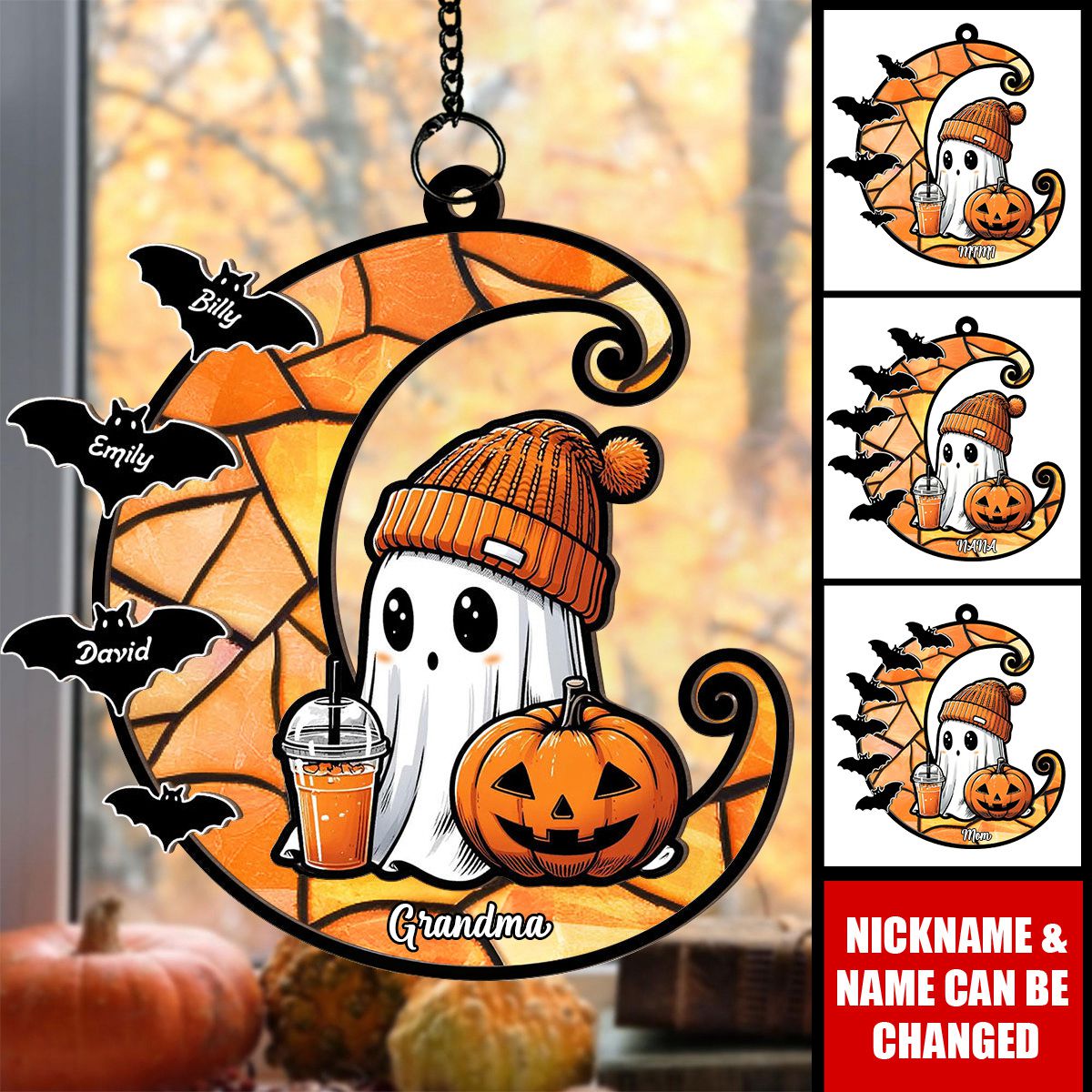 Halloween Grandma Boo & Bats Kids On Moon Personalized Suncatcher