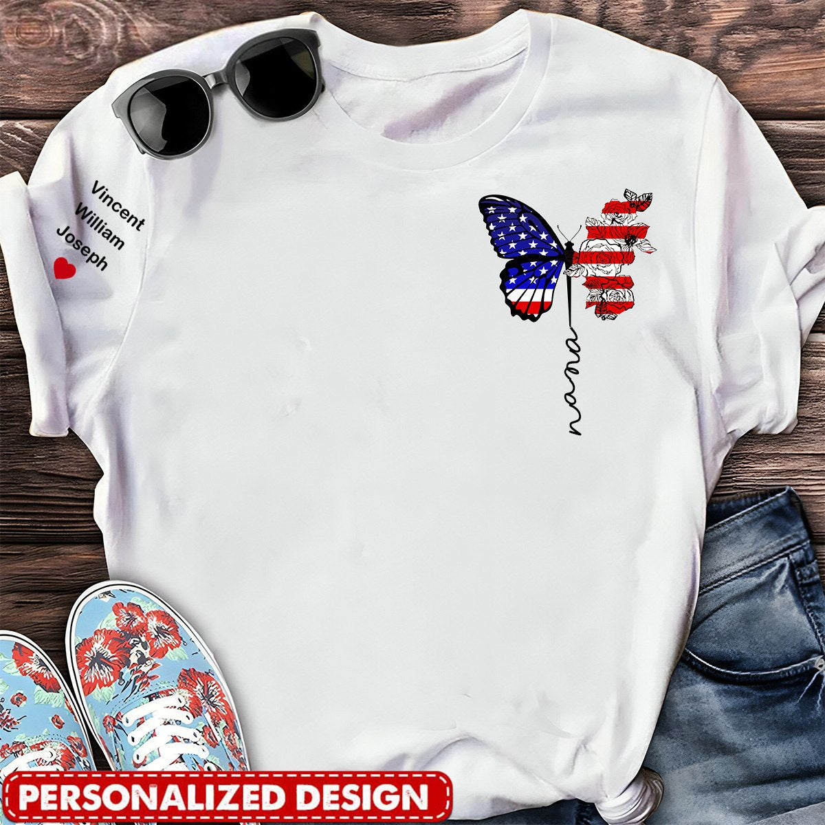Gift For Mom Grandma 4th Of July Personalized USA Flag Butterfly T-shirt