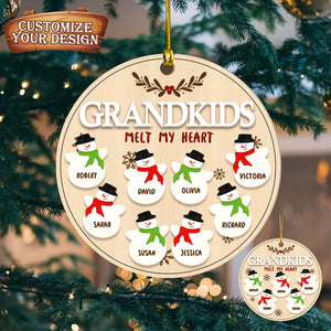 Personalized Grandkids Melt My Heart Snowman Wooden Ornament