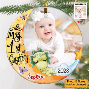 Gift For Baby First Christmas Dinosaur Nursery Photo Circle Personalized Ornament
