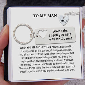 Drive safe, I need you here with me engraved keychain and necklace set