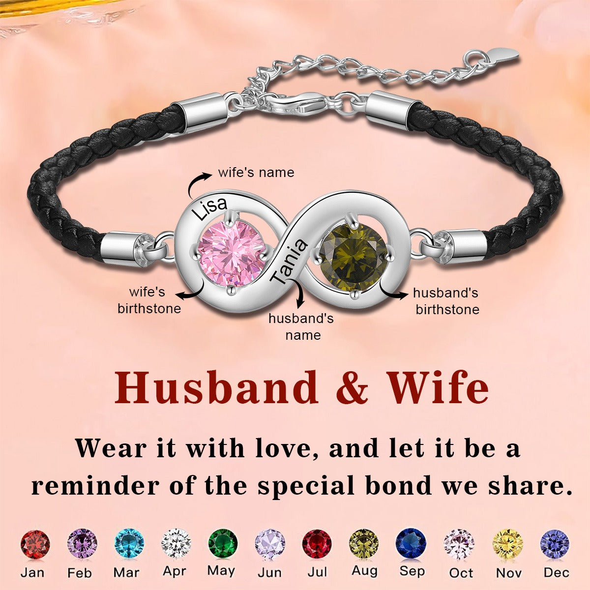 Personalized Couple Infinity Bracelets With 2 Birthstones