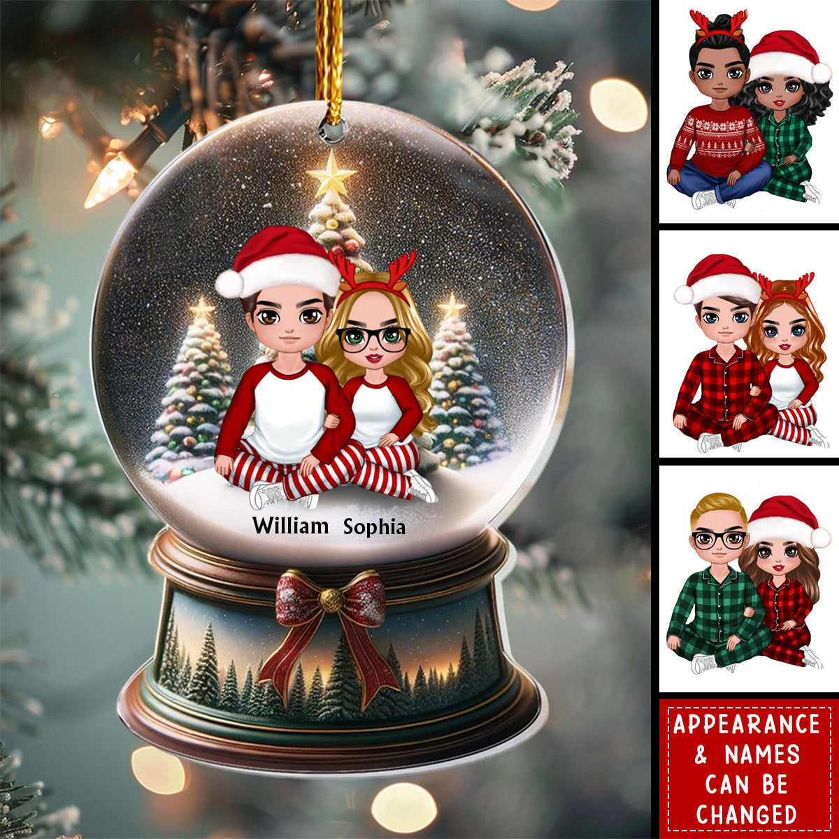 Doll Couple Sitting Christmas Snowglobe - Personalized Acrylic Ornament