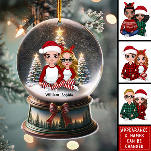 Doll Couple Sitting Christmas Snowglobe - Personalized Acrylic Ornament