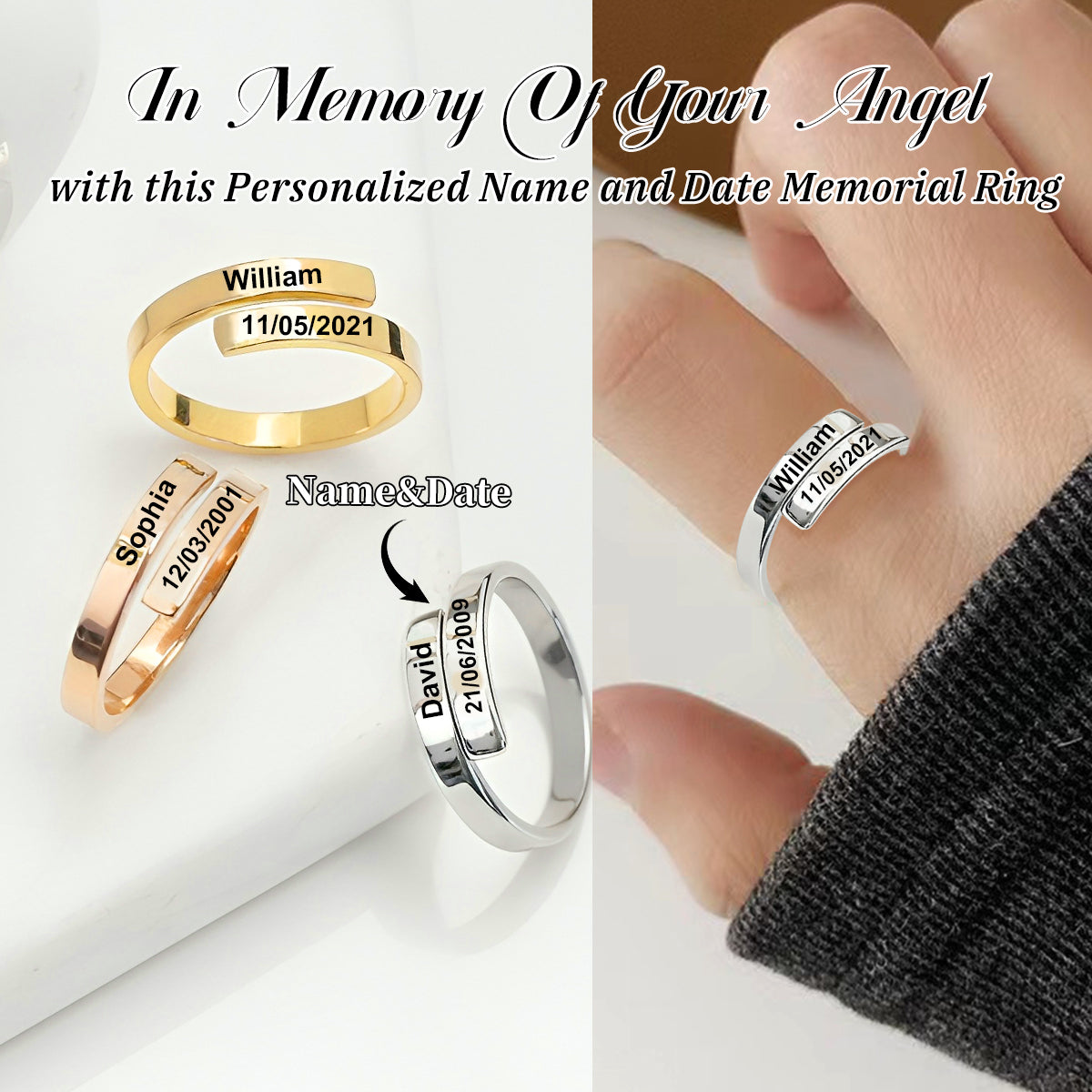 Personalized Name&Date Memorial Adjustable Ring