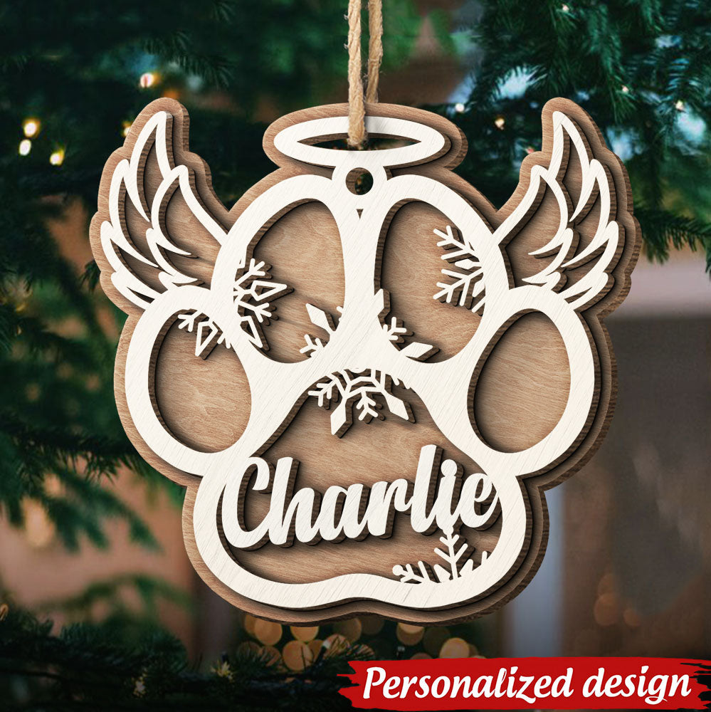 Personalized Custom Paw Shaped Wood Christmas Ornament (Dog, Cat & Angel Wings)