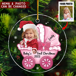 Photo Baby's First Christmas Baby Carriage Circle Ornament