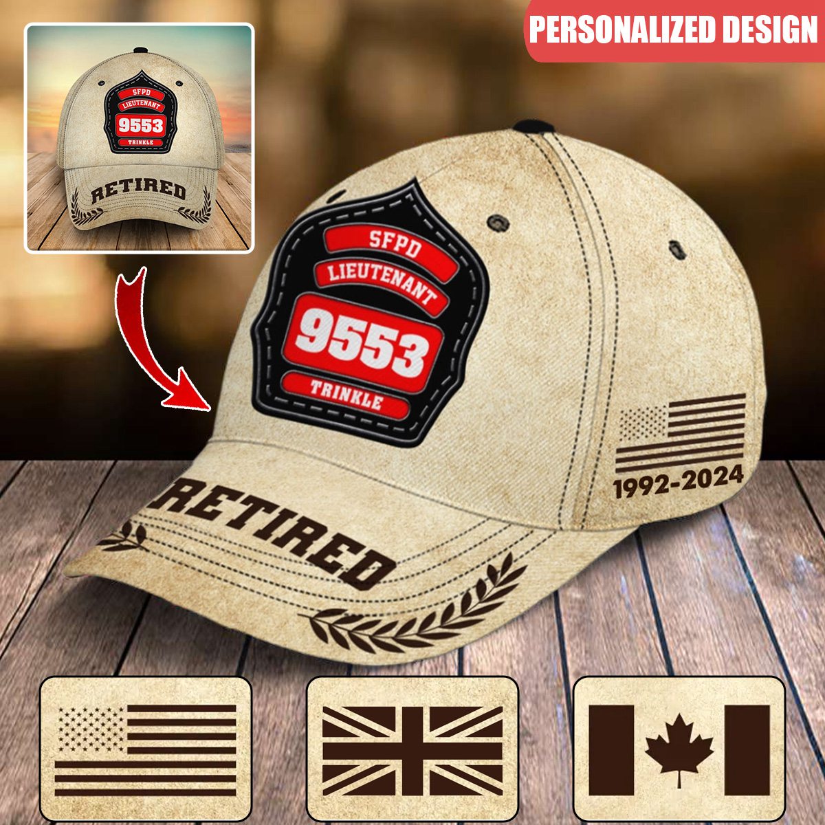 Personalized Retired Firefighter ID & Department 3D Cap Printed